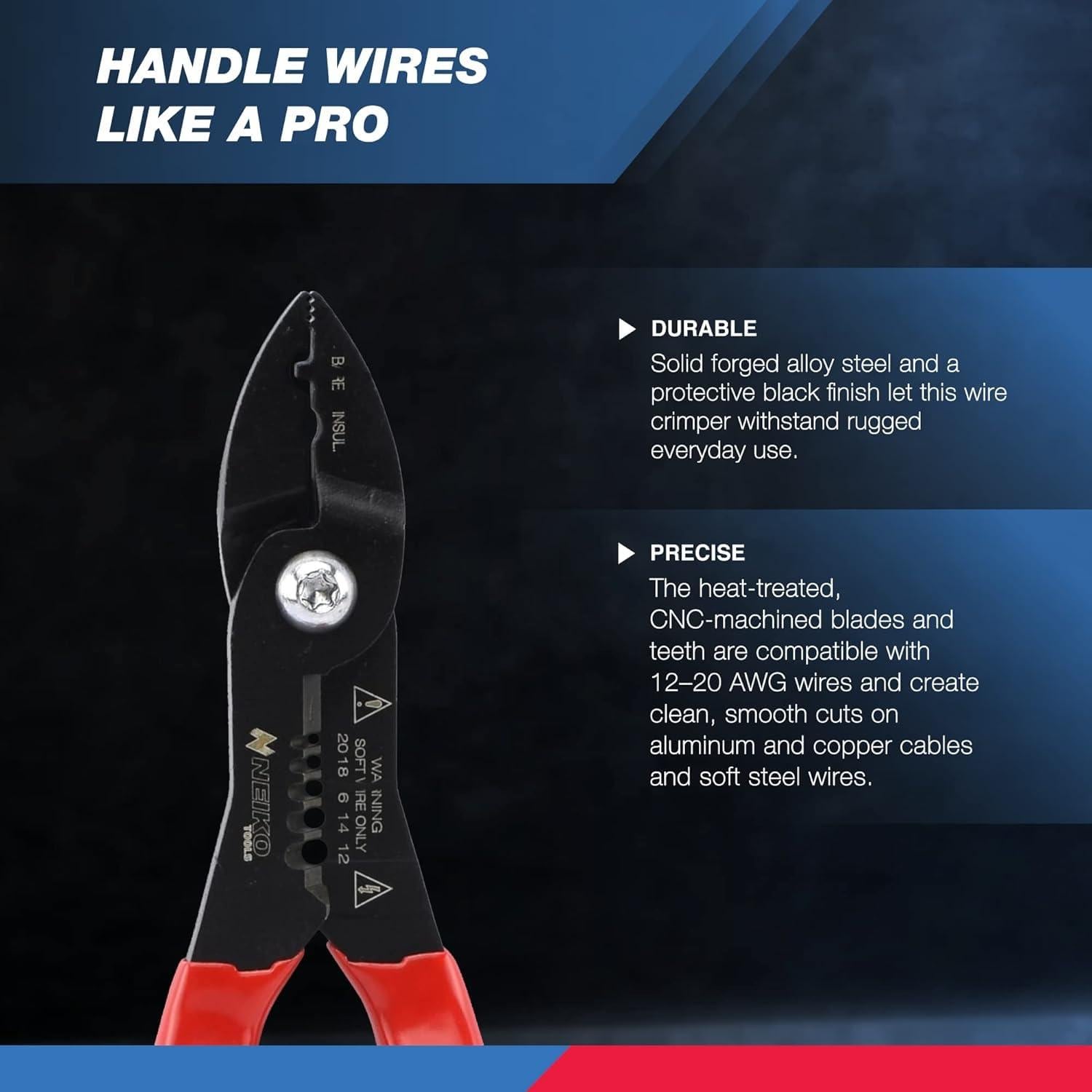NEIKO 4-in-1 Electrician Pliers, Crimp, Cut and Grip, 12-20 AWG