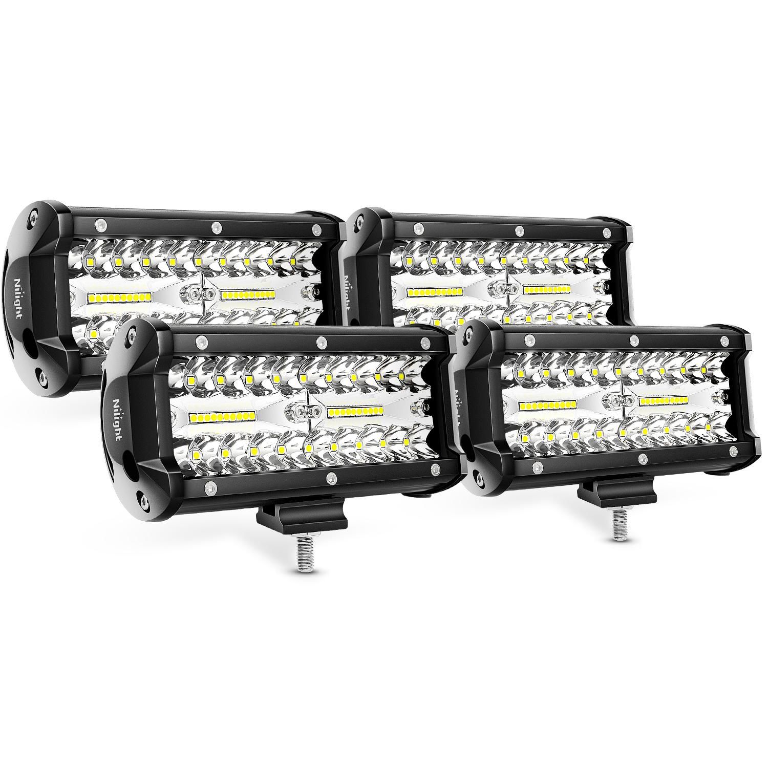 Nilight LED Pods 4PCS 6.5 Inch 120W Light Bar – Triple Row Spot Flood Combo – IP67 Waterproof