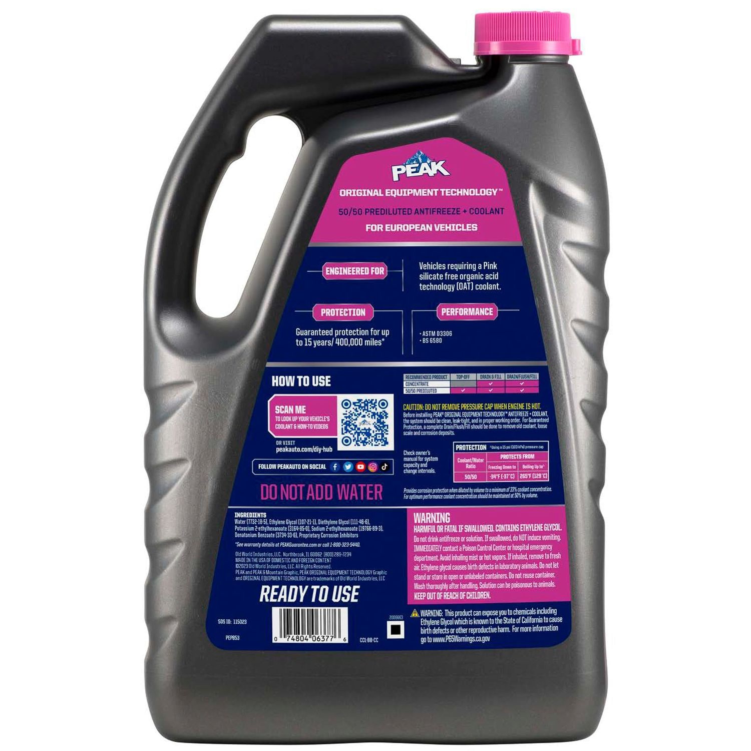 PEAK Original Equipment Technology European Pink Pre-Mixed Engine Coolant / Antifreeze