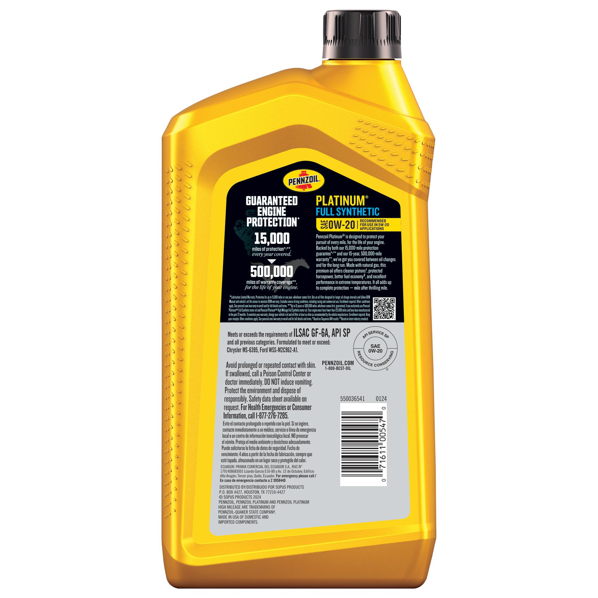 Pennzoil Platinum Full Synthetic 0W-20 Motor Oil 1 Quart | AutoZone