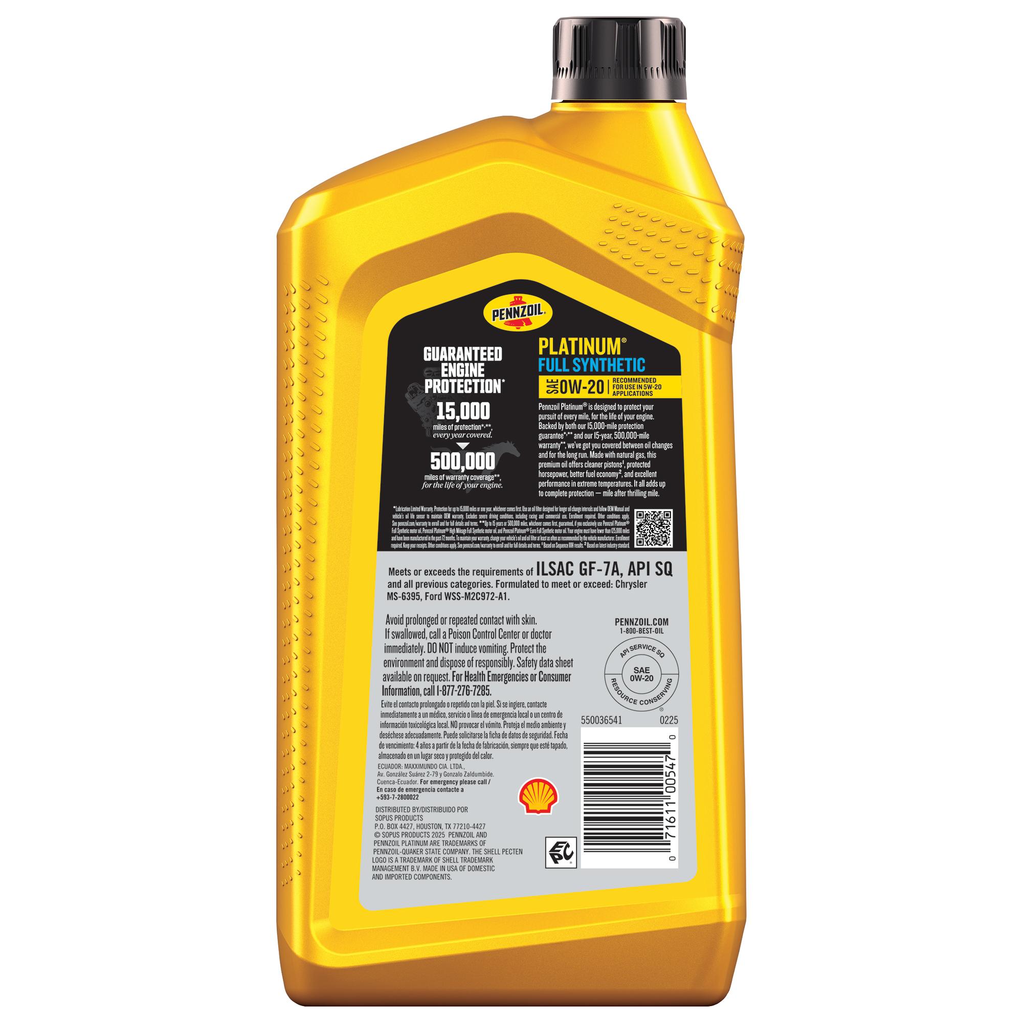 Pennzoil Platinum Full Synthetic 0W-20 Motor Oil 1 Quart 550036541