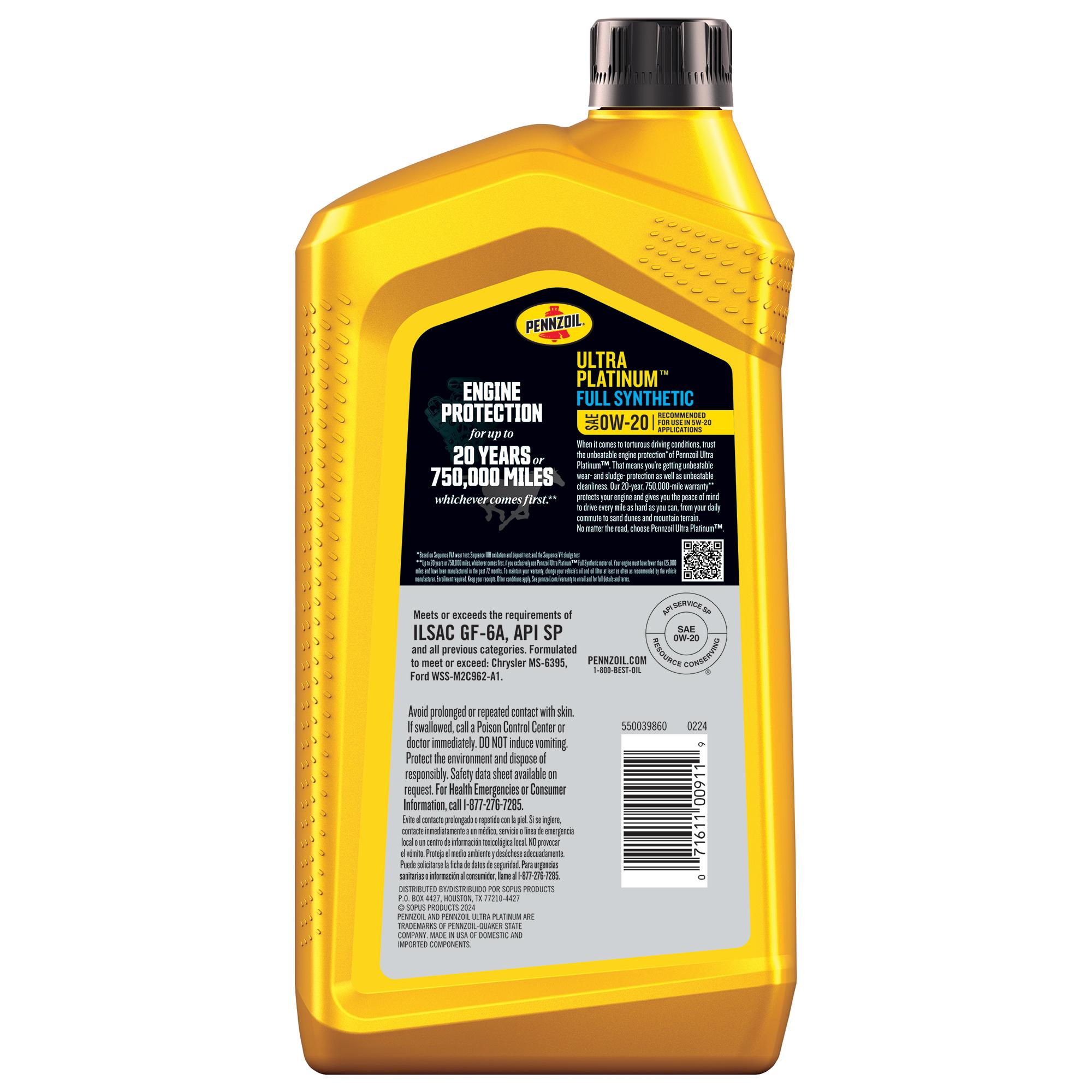 Pennzoil Ultra Platinum Full Synthetic 0W-20 Motor Oil 1 Quart