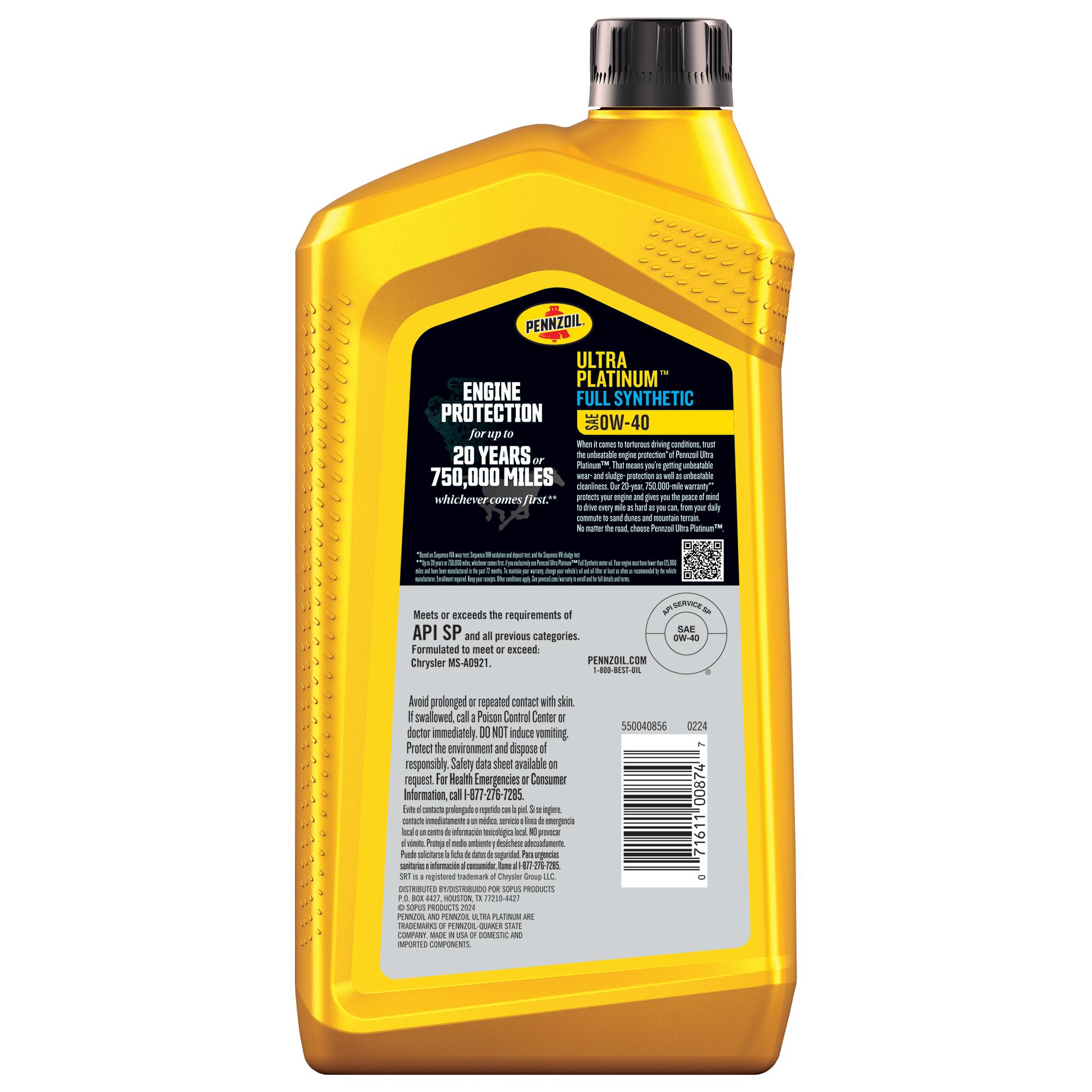 Pennzoil Ultra Platinum Full Synthetic 0W-40 Motor Oil 1 Quart