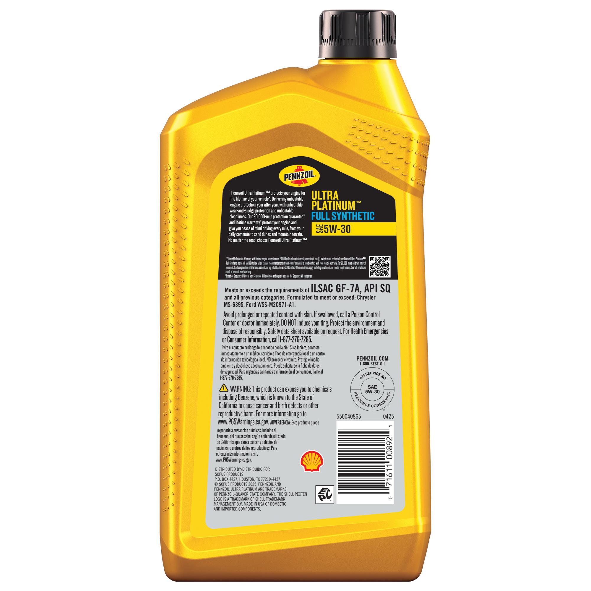 Pennzoil Ultra Platinum Full Synthetic 5W-30 Motor Oil 1 Quart