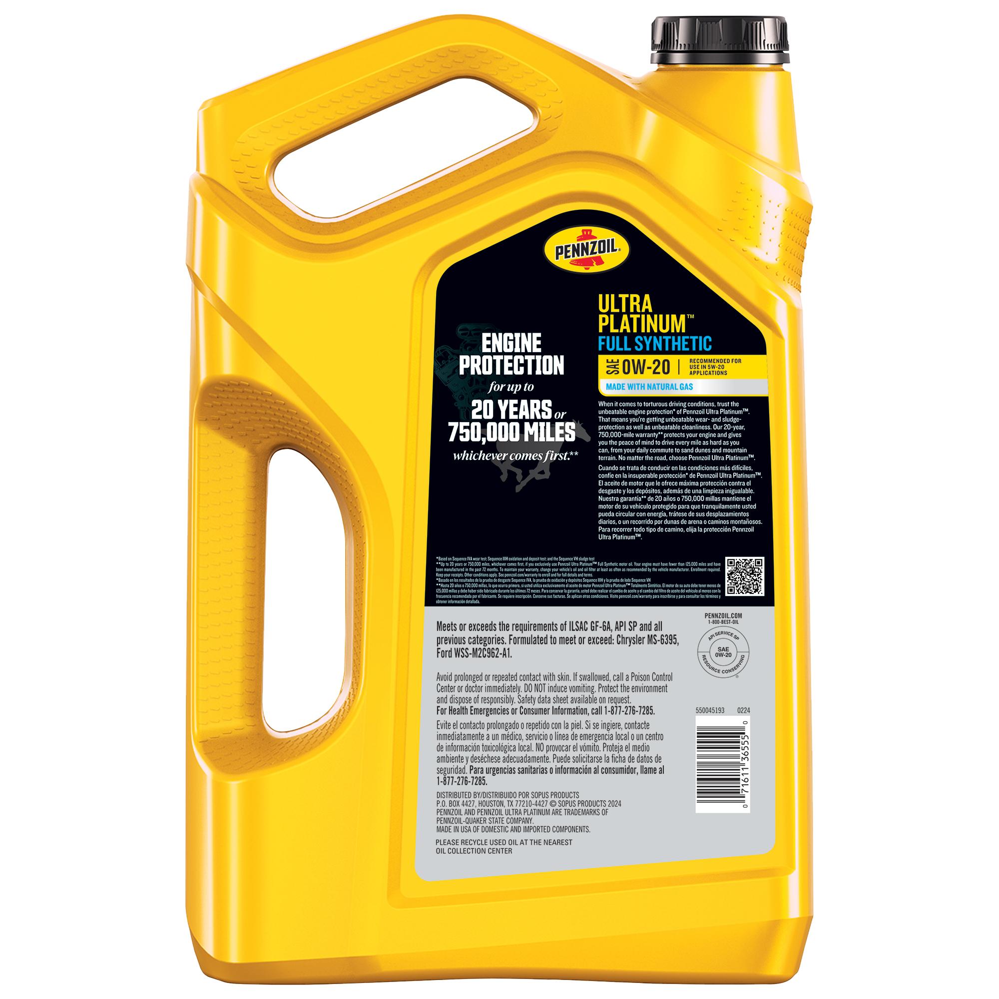 Pennzoil Ultra Platinum Full Synthetic 0W-20 Motor Oil 5 Quart