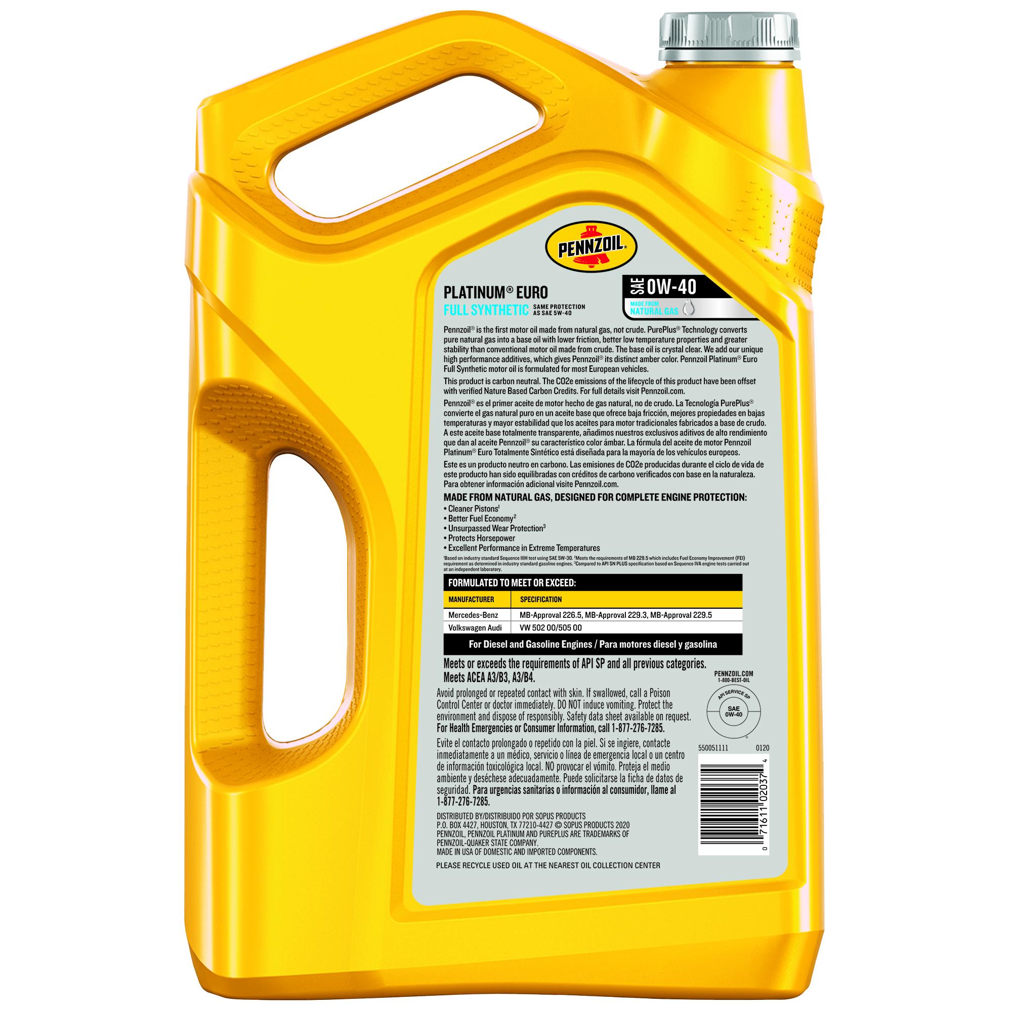 Pennzoil Platinum Euro Full Synthetic 0W-40 Motor Oil 5 Quart