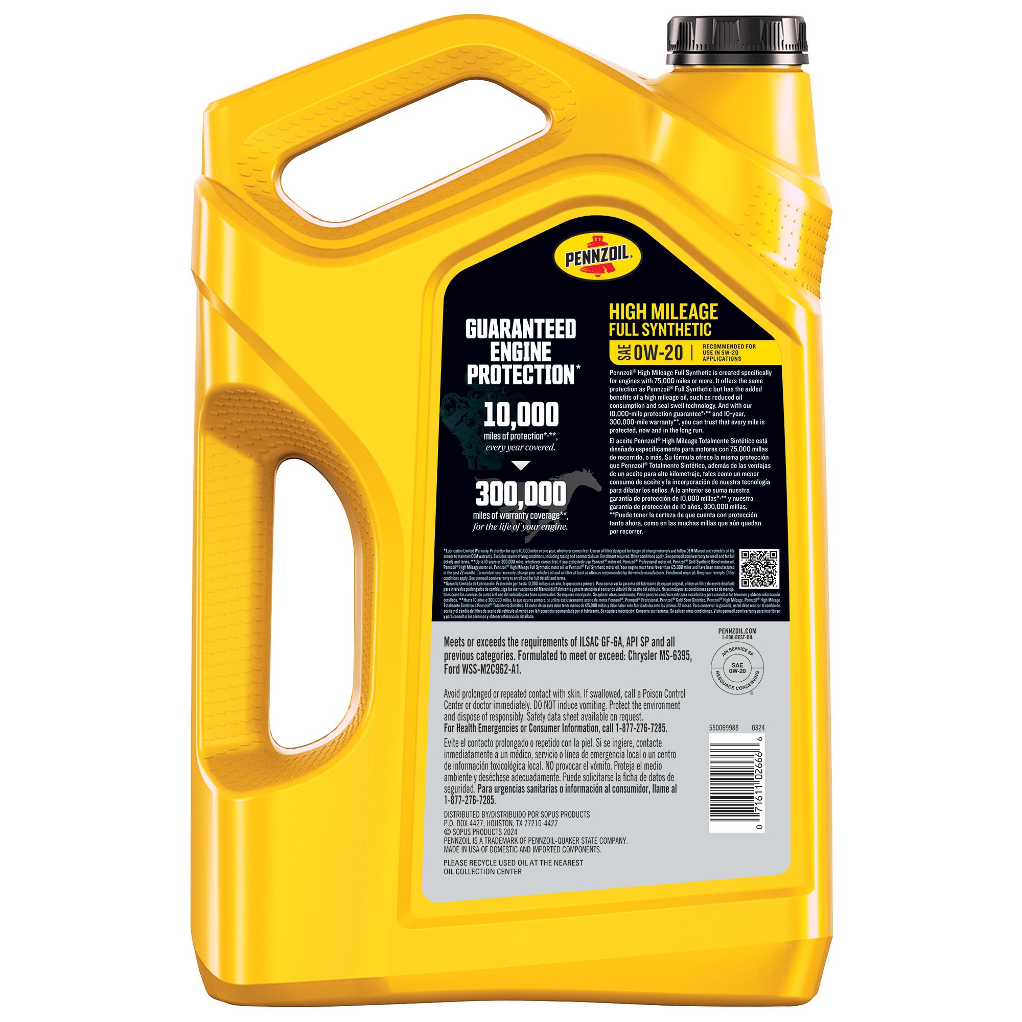 Pennzoil High Mileage Full Synthetic 0W-20 Motor Oil 5 Quart