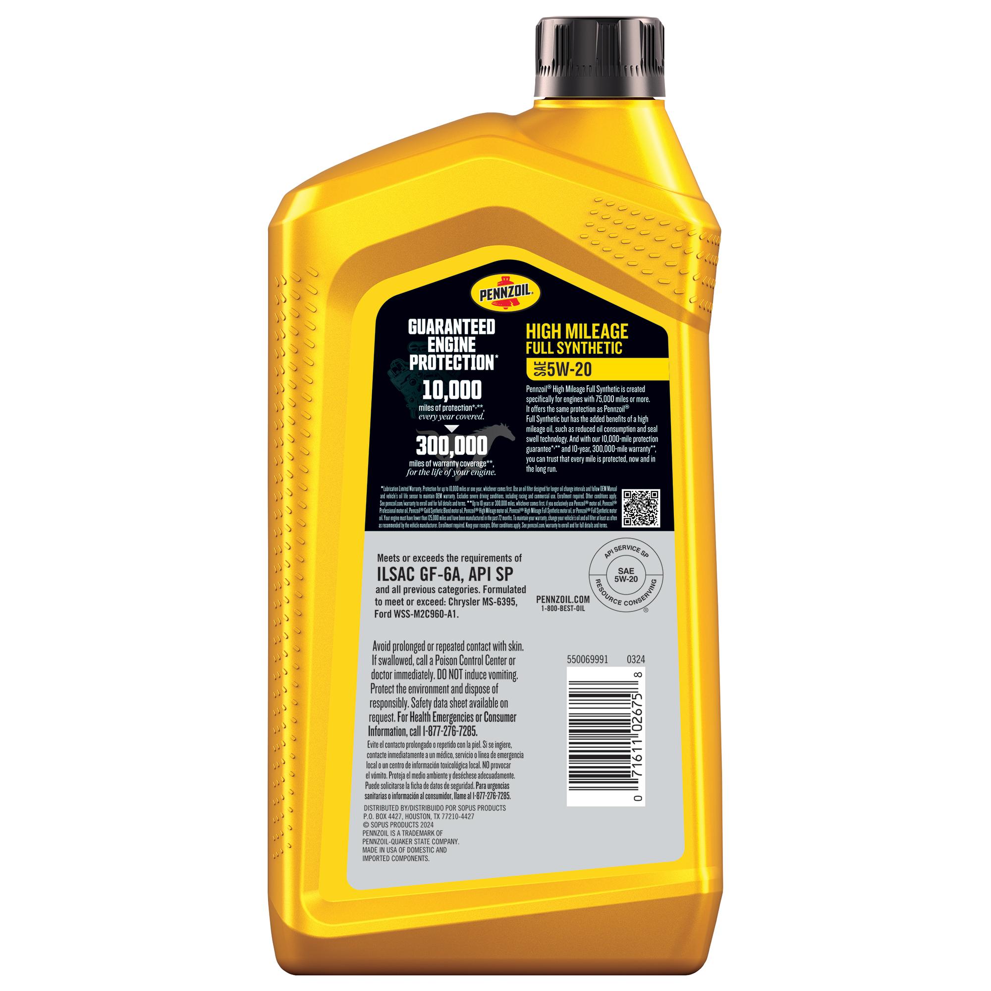 Pennzoil Full Synthetic High Mileage 5W-20 Motor Oil 1 Quart
