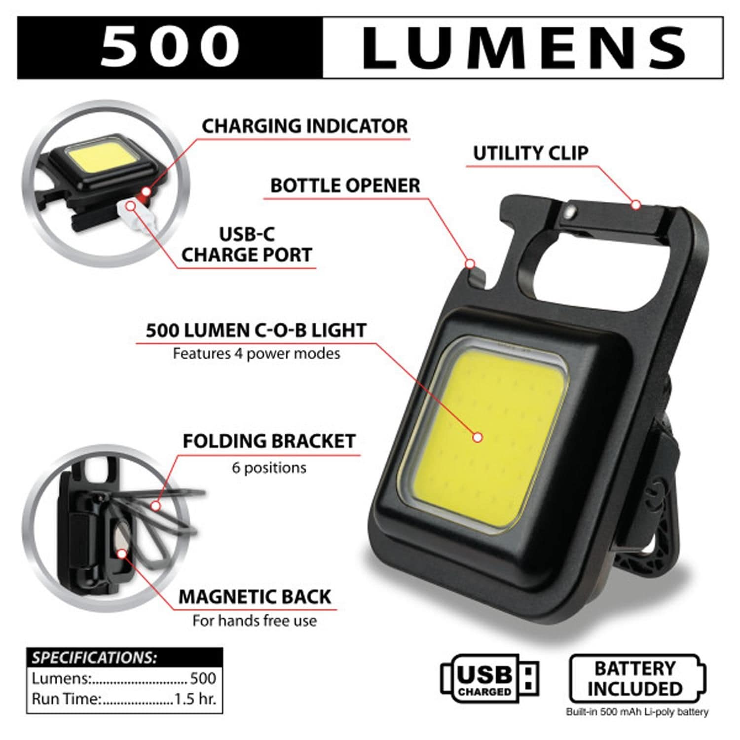 atak 500 lumen rechargeable flashlight Performance Tool 500 Lumen Lithion Ion Clip Light