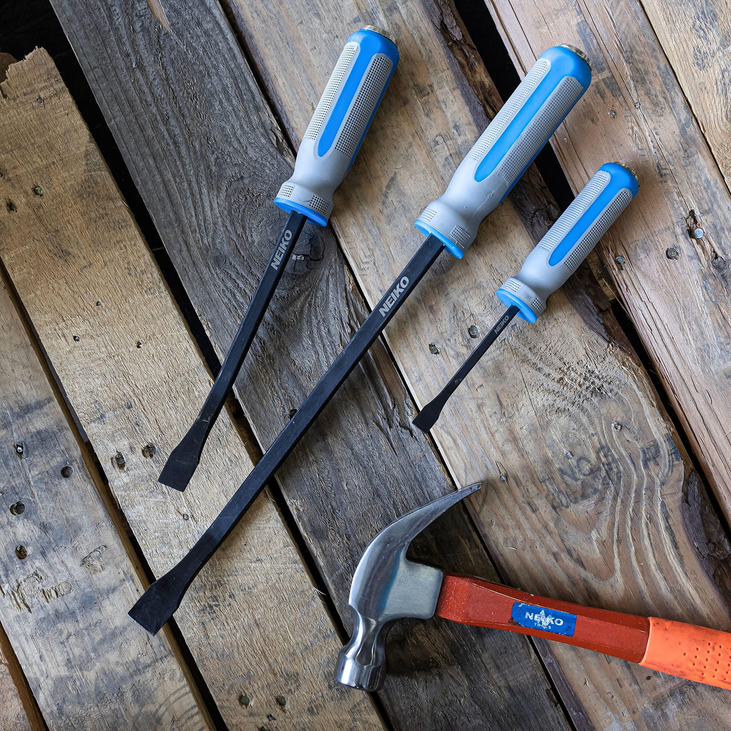 NEIKO 8in, 12in and 17.5in Crow Bar, Textured Handles Angled Tip