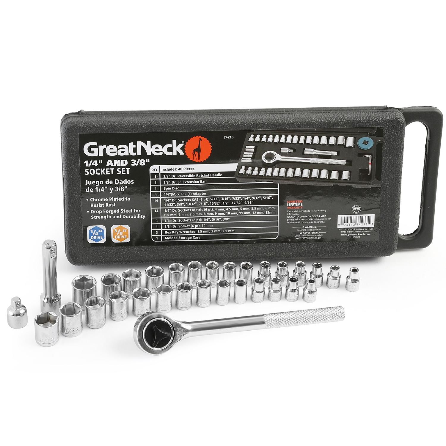 Great Neck 1/4in and 3/8in Drive Ratchet and Socket Set 40 Piece