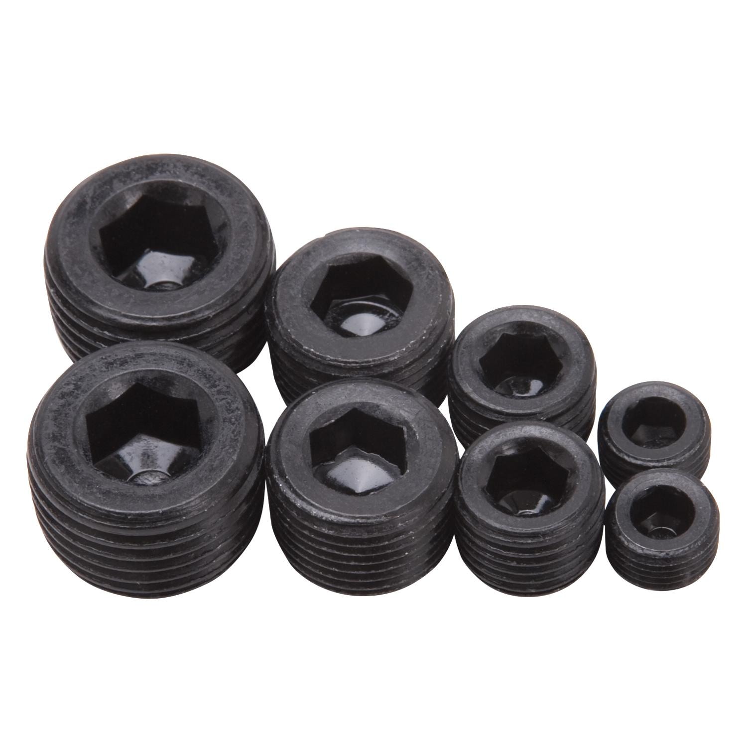Edelbrock Socket Head Pipe Plugs in Black Finish - 1/8", 1/4", 3/8", 1/2" NPT (Qty 8) 8051 for Ford Gran Torino