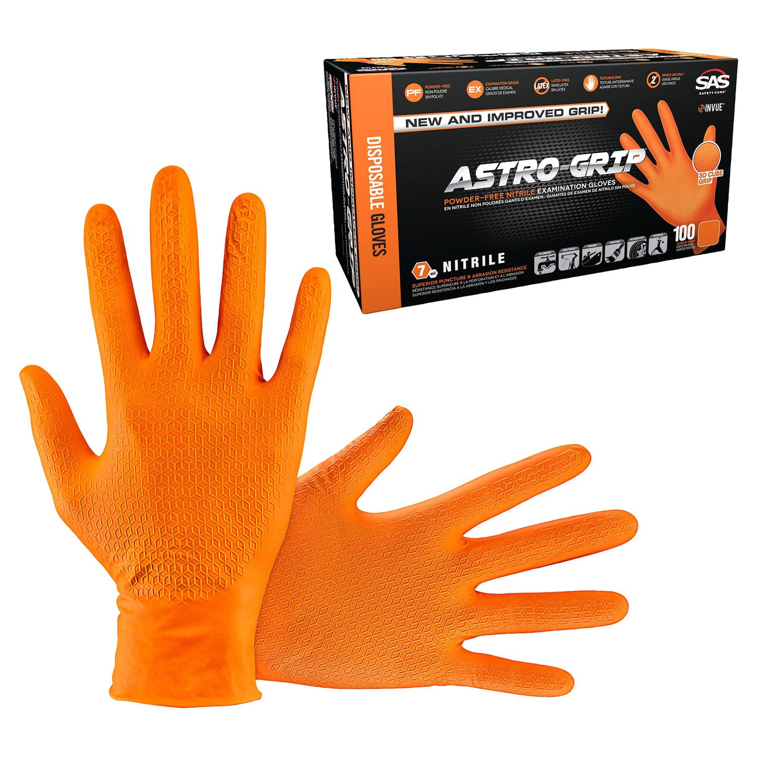 SAS Safety Astro-Grip Orange Nitrile Disposable Gloves, X-Large