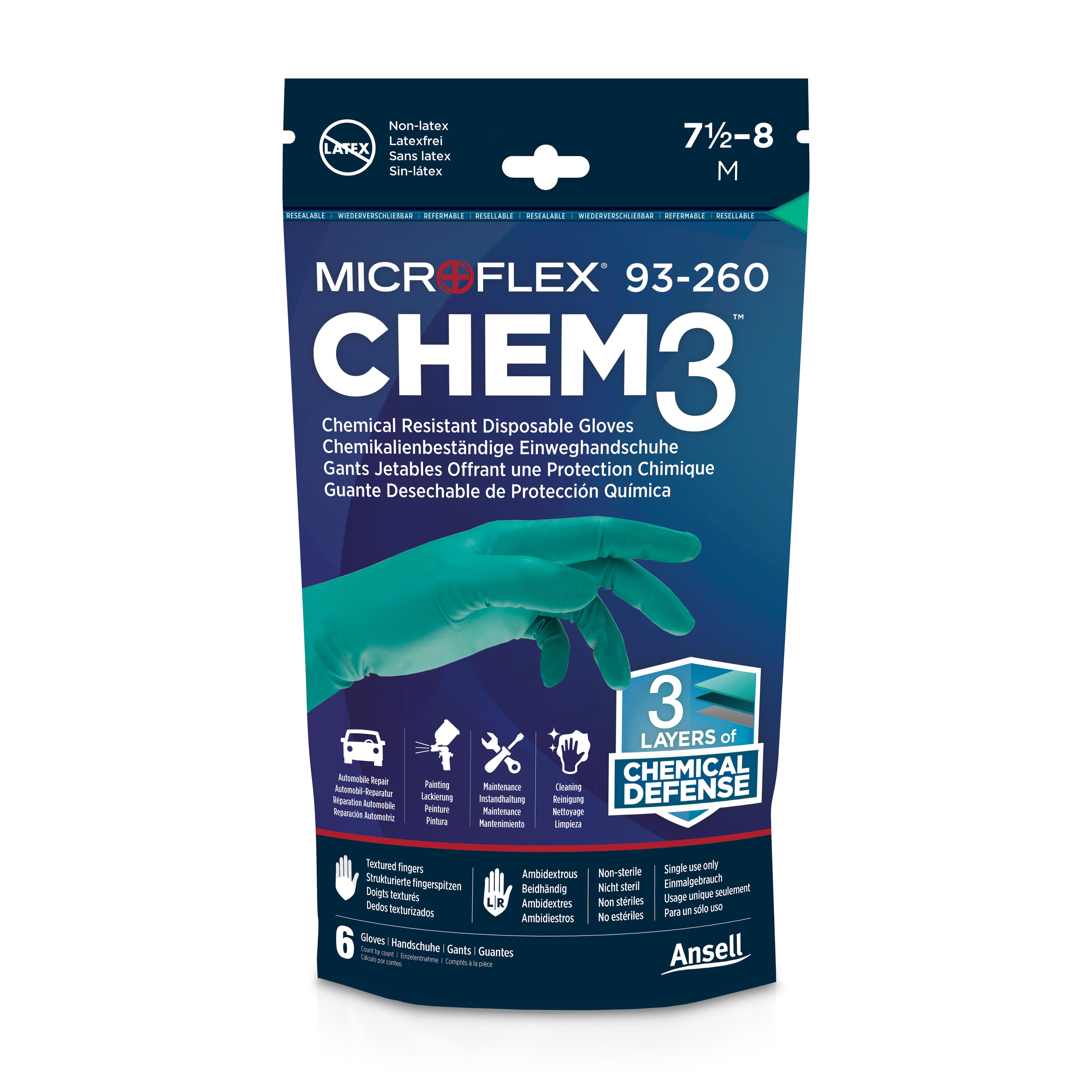 Microflex Chem3 Chemical Resistant Disposable Gloves, Large, 6