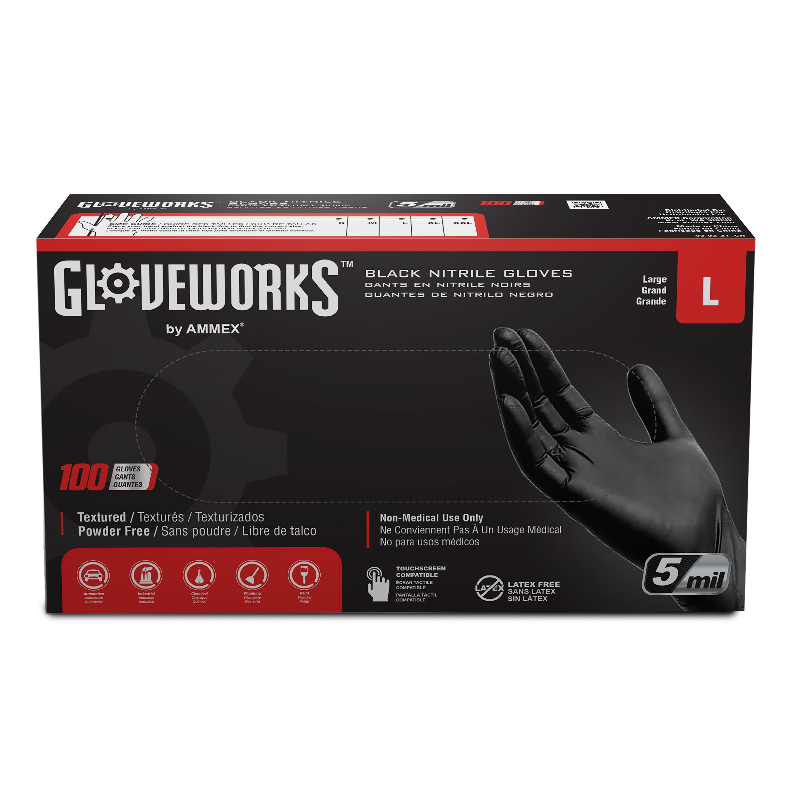 Gloveworks Black Nitrile Disposable Gloves, Medium, 10 Boxes of