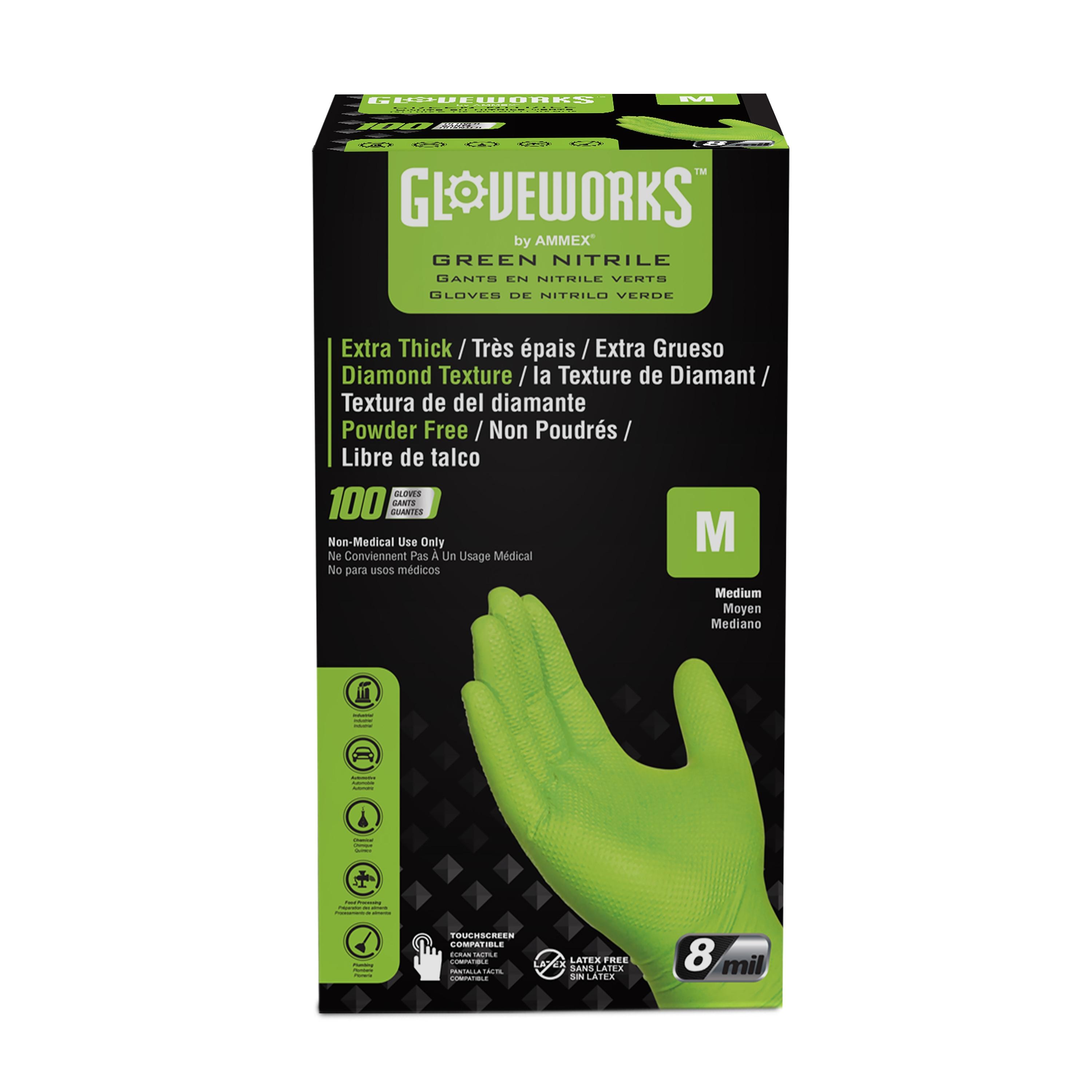 Gloveworks Green Nitrile Disposable Gloves, Medium, 10 Boxes of
