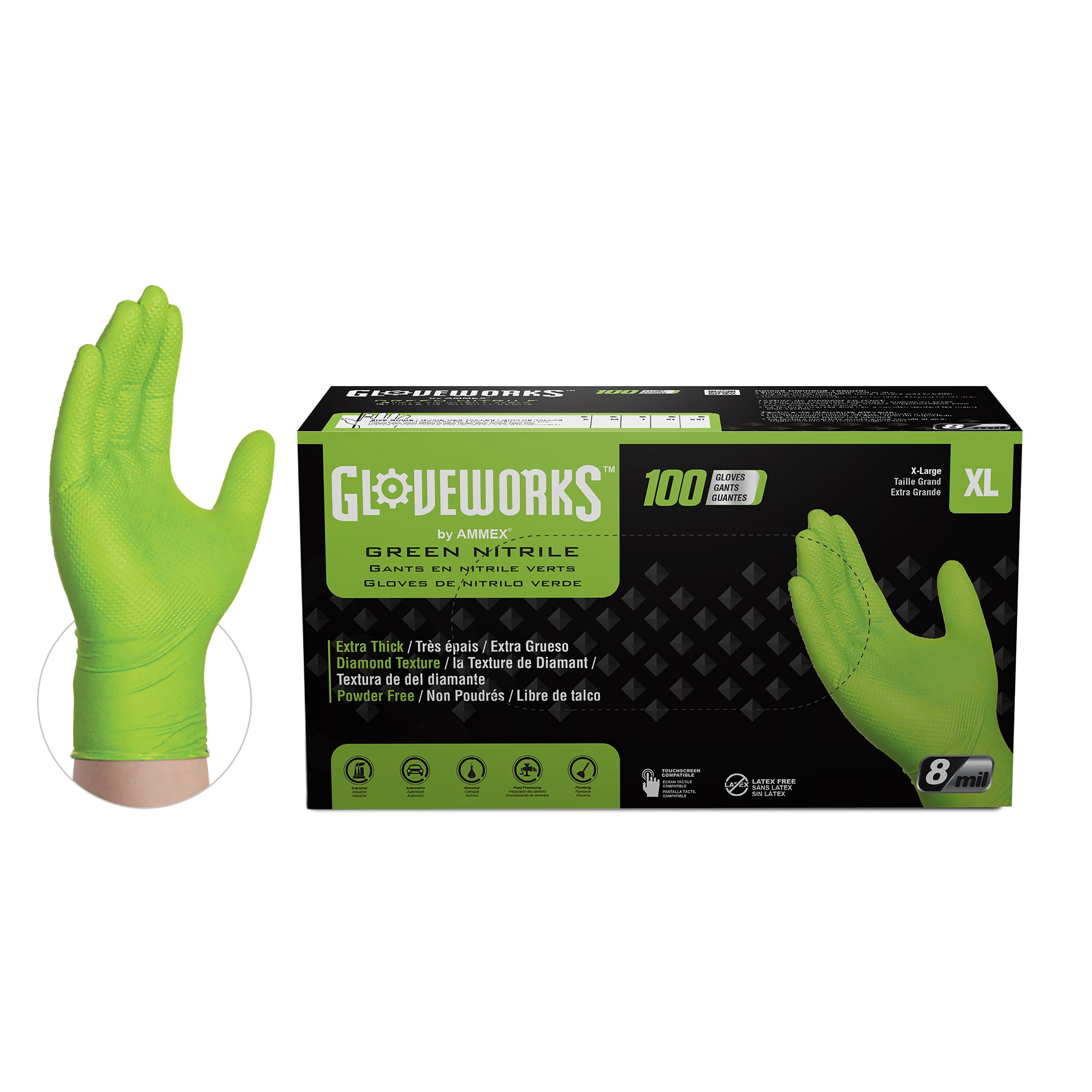 Gloveworks Green Nitrile Disposable Gloves, X-Large, 10 Boxes of