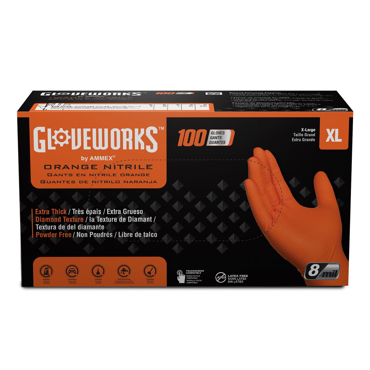 Gloveworks Orange Nitrile Disposable Gloves, X-Large, 10 Boxes of