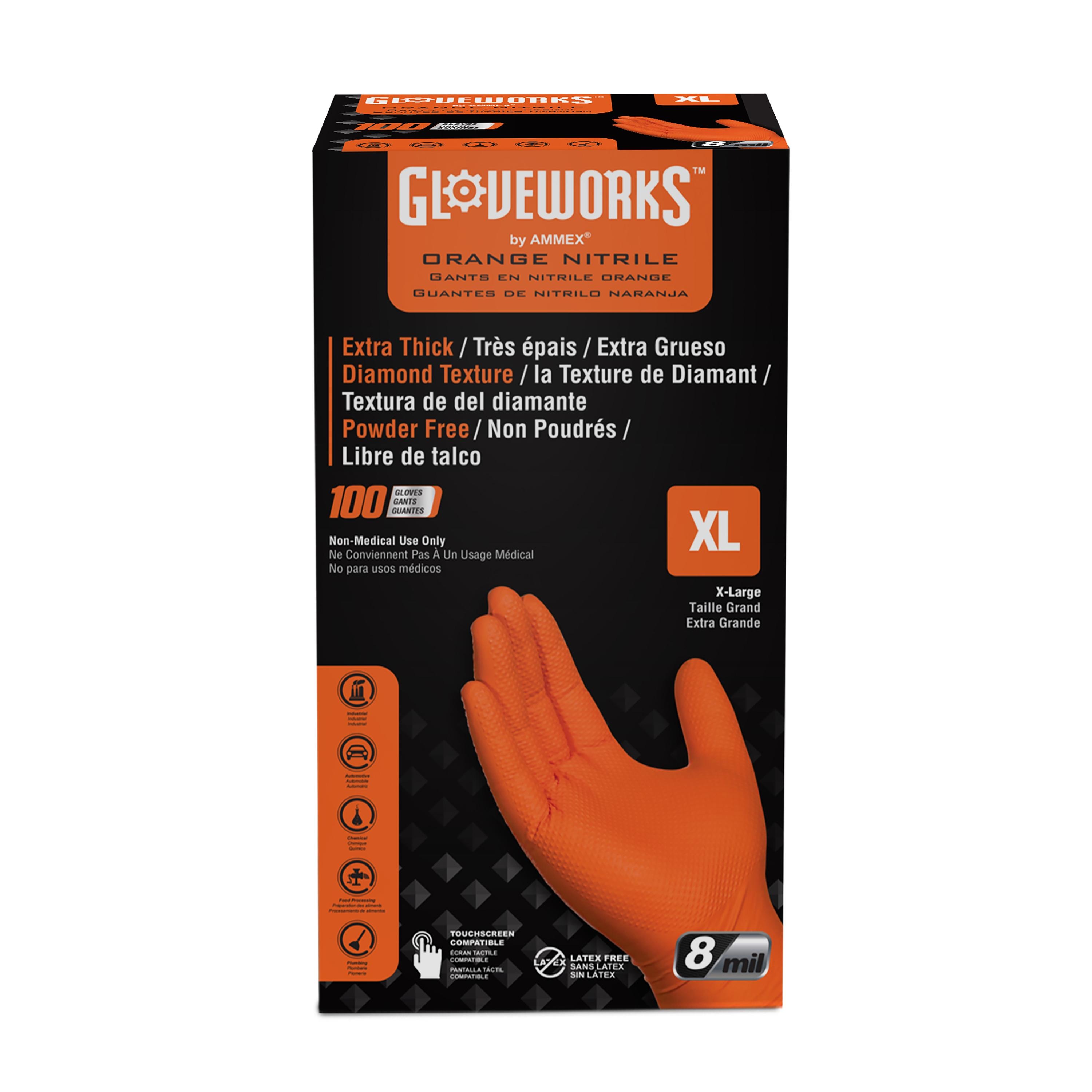 Gloveworks Orange Nitrile Disposable Gloves, X-Large, 10 Boxes of
