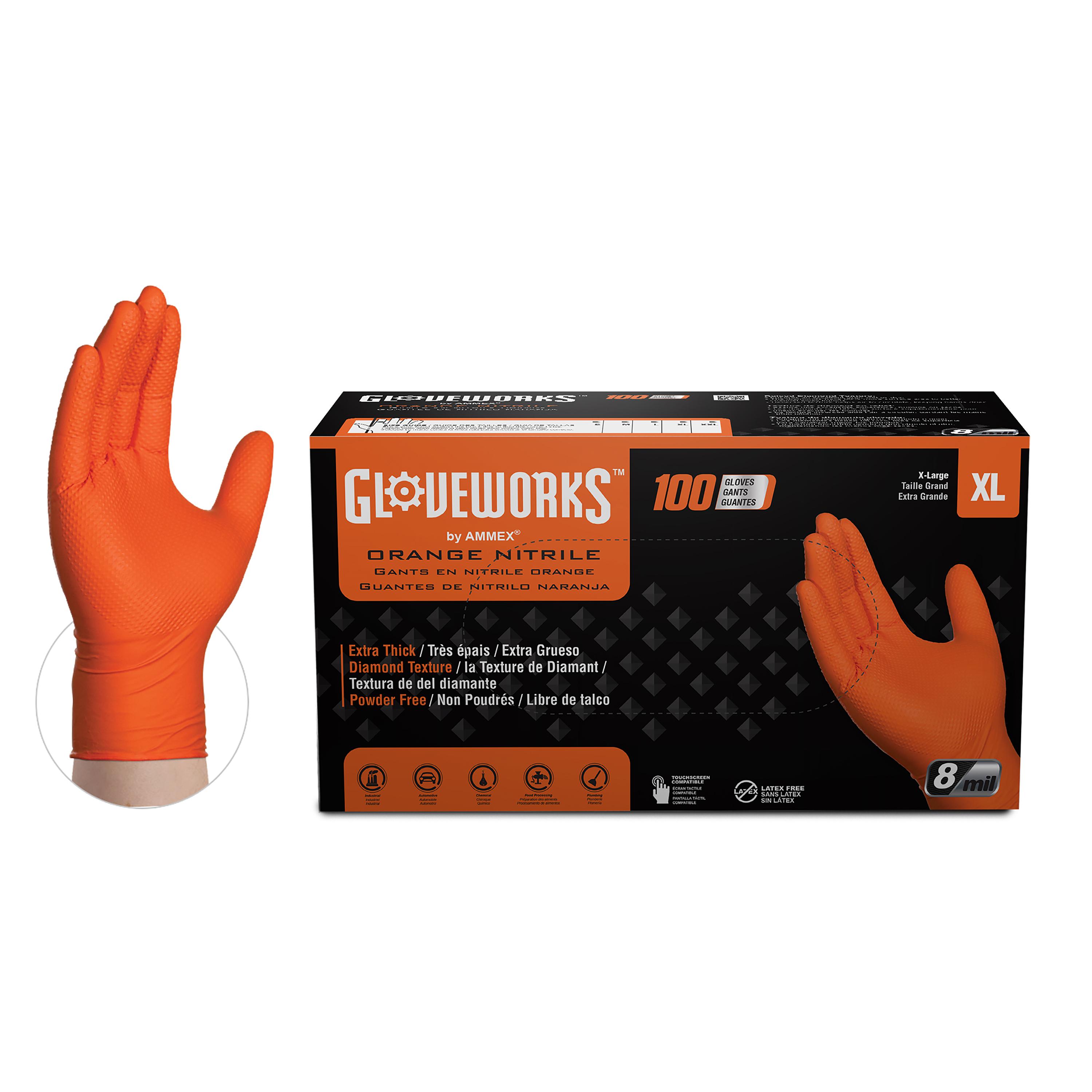 Gloveworks Orange Nitrile Disposable Gloves, X-Large, 10 Boxes of