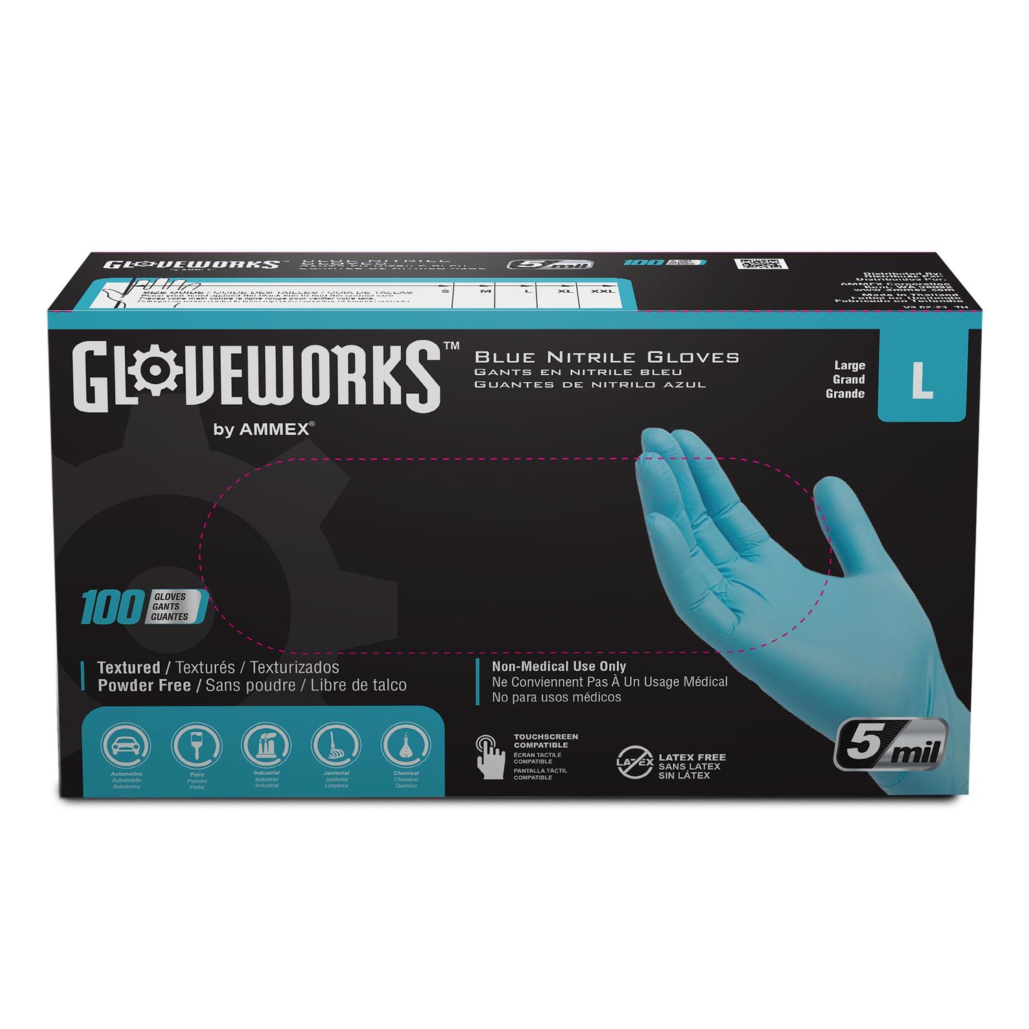 Gloveworks Blue Nitrile Disposable Gloves, Large, 10 Boxes of 100
