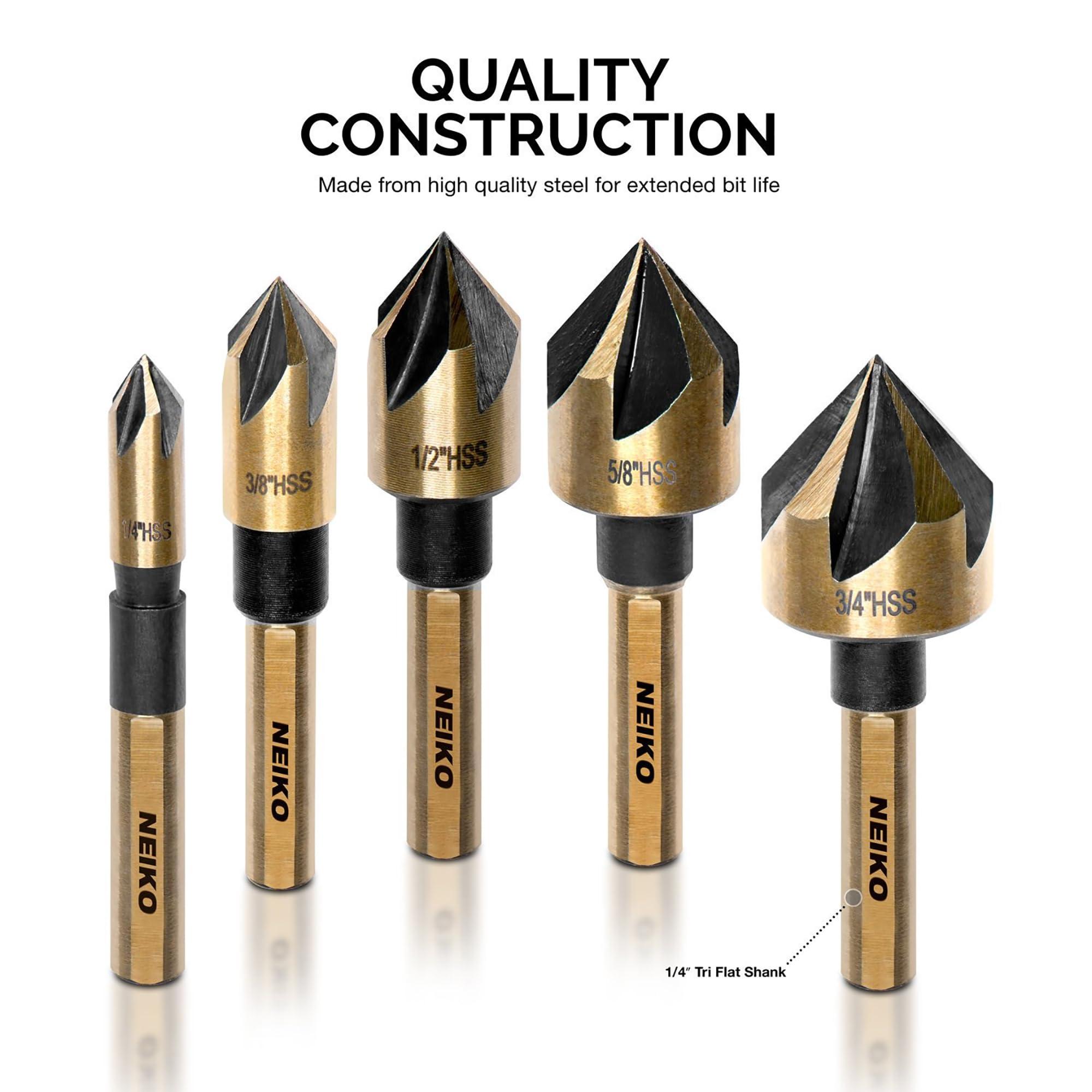 NEIKO 1/4in Tri-Flat Shank, M2 HSS Countersink Drill Bit Set for