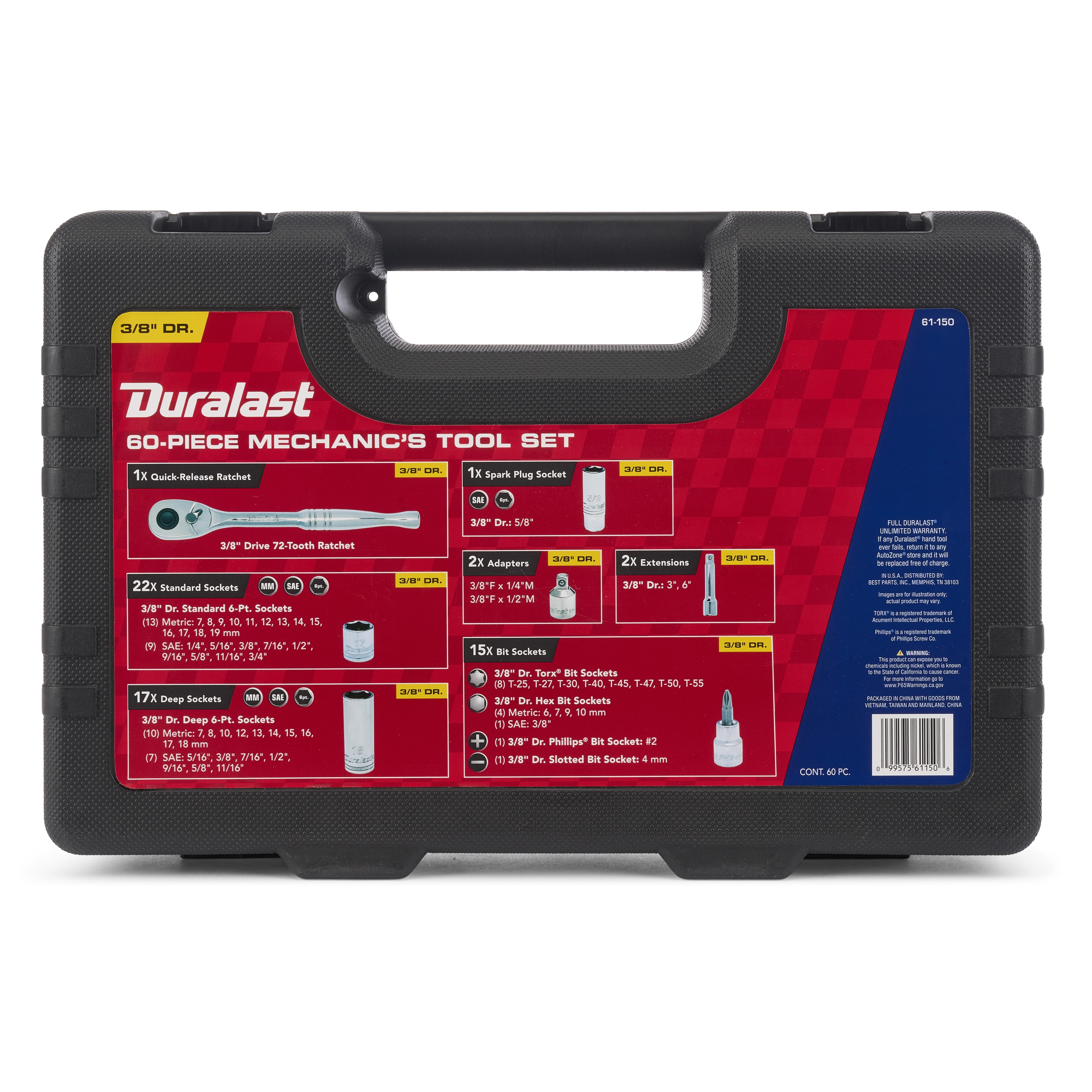 DURALAST 3/8in Drive Ratchet/Socket SAE/METRIC Tool Set 60 Piece