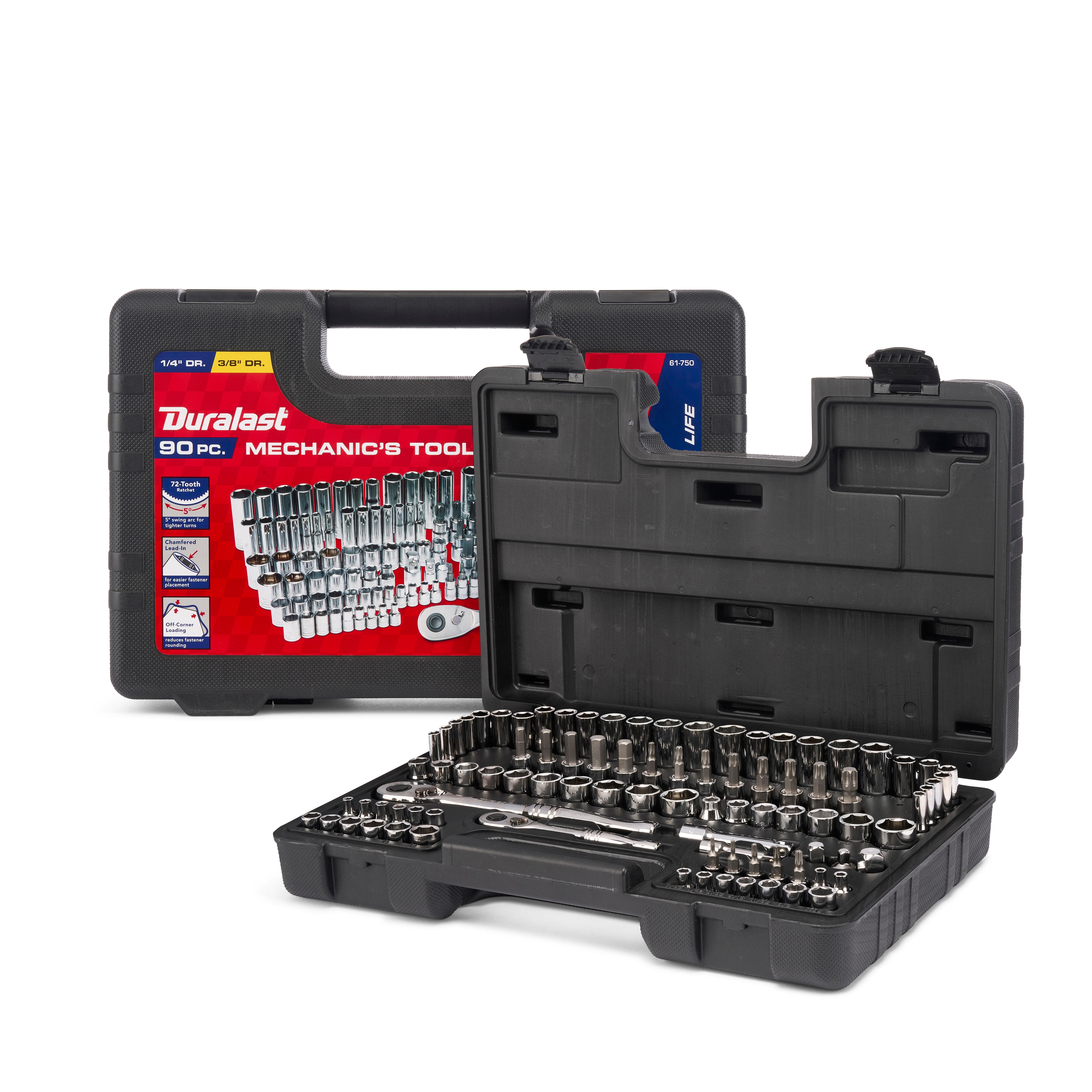 Duralast 1/4in and 3/8in Ratchet and Socket SAE/Metric Tool Set 90