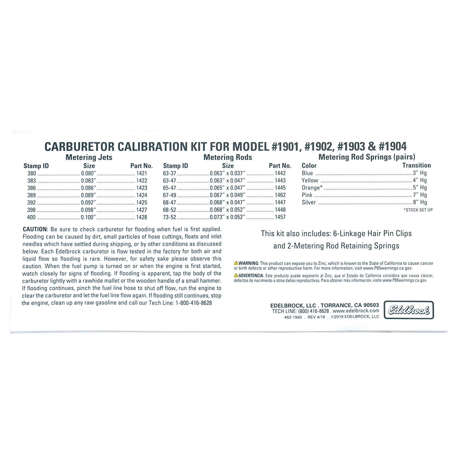 Edelbrock Carburetor Calibration Kit 1940 | AutoZone