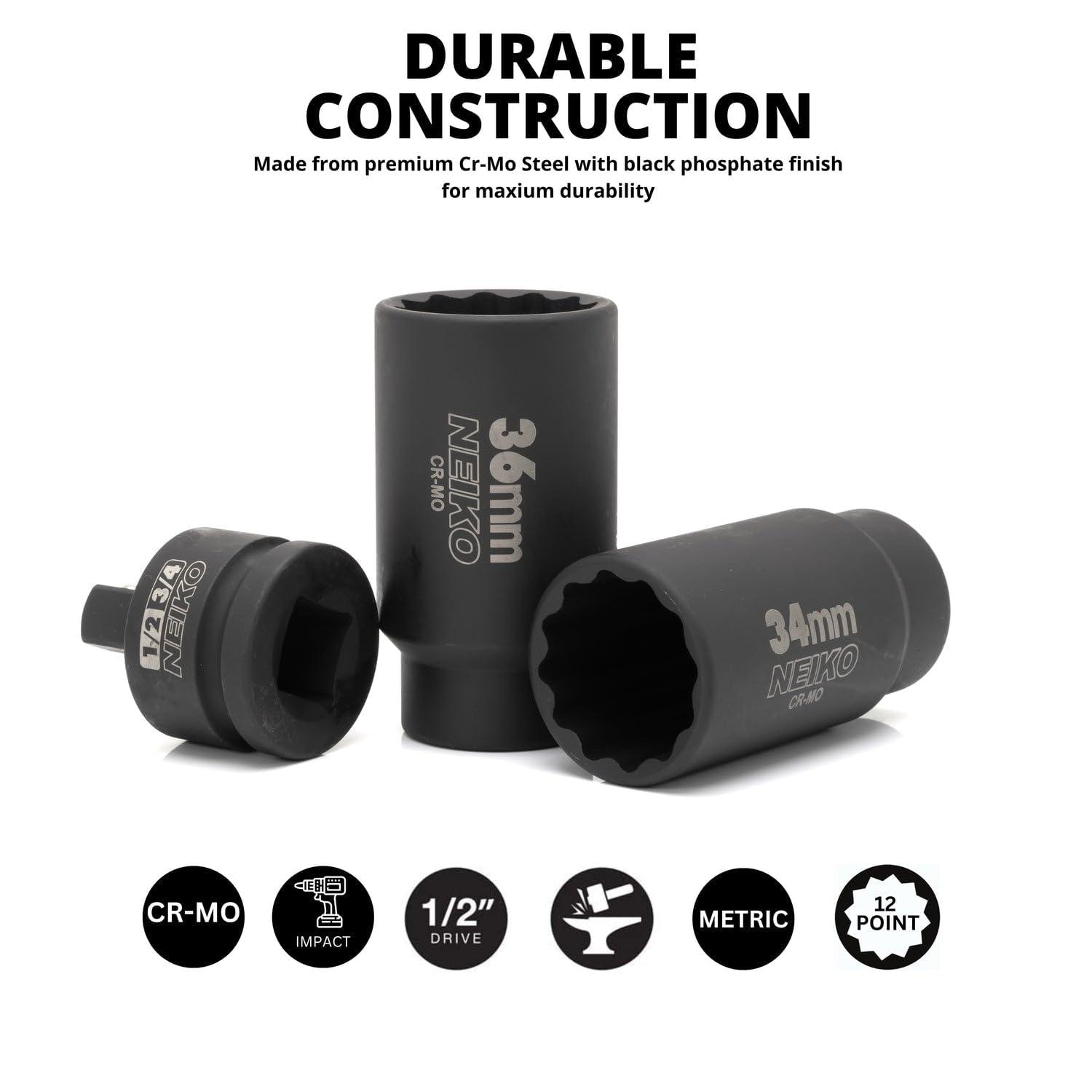 NEIKO 1/2in Drive Metric 30mm-36mm, Cr-Mo, 12-Point Axle Nut