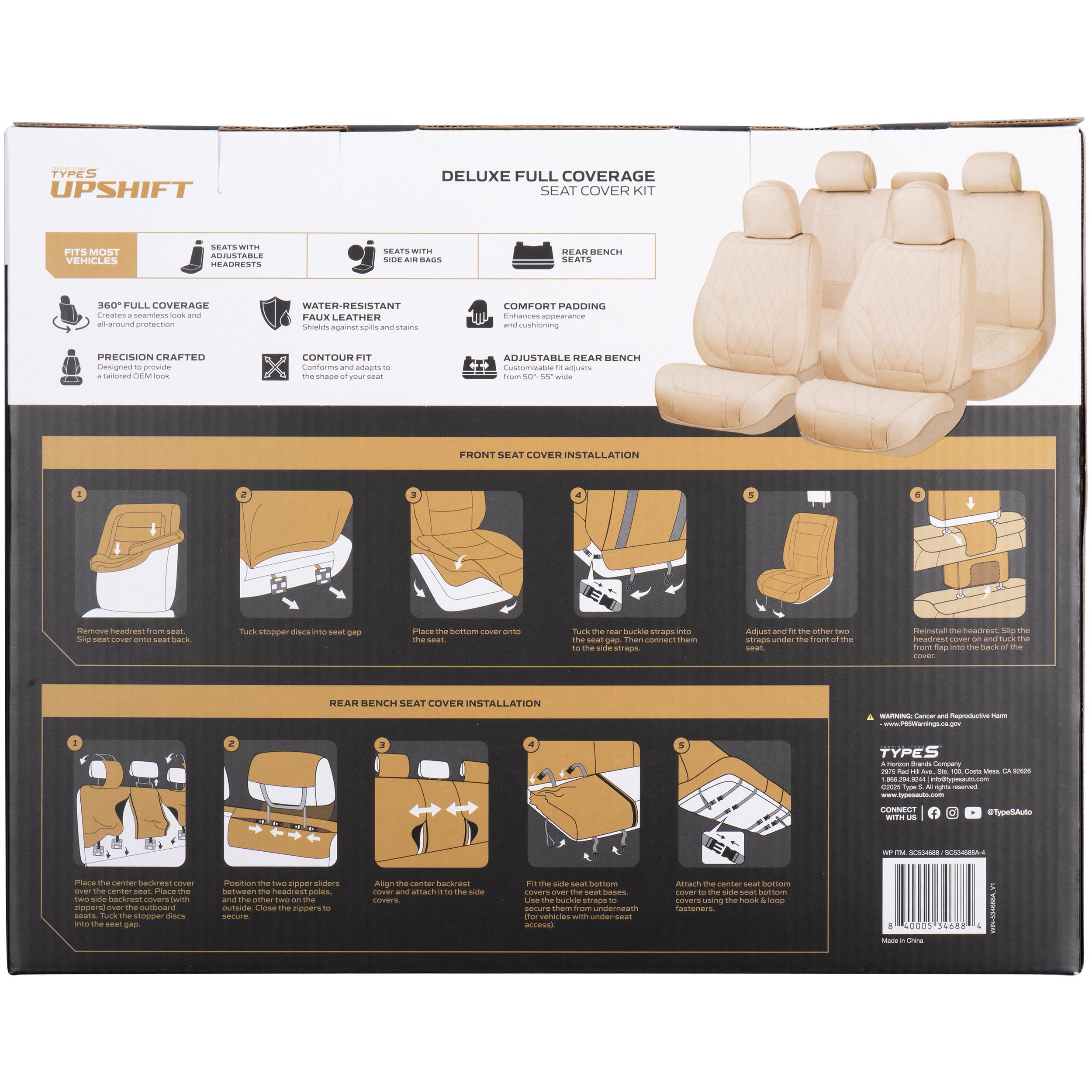 TYPE S UpShift Tan Premium Full Leather Diamond Seat Cover Set, 3 Piece