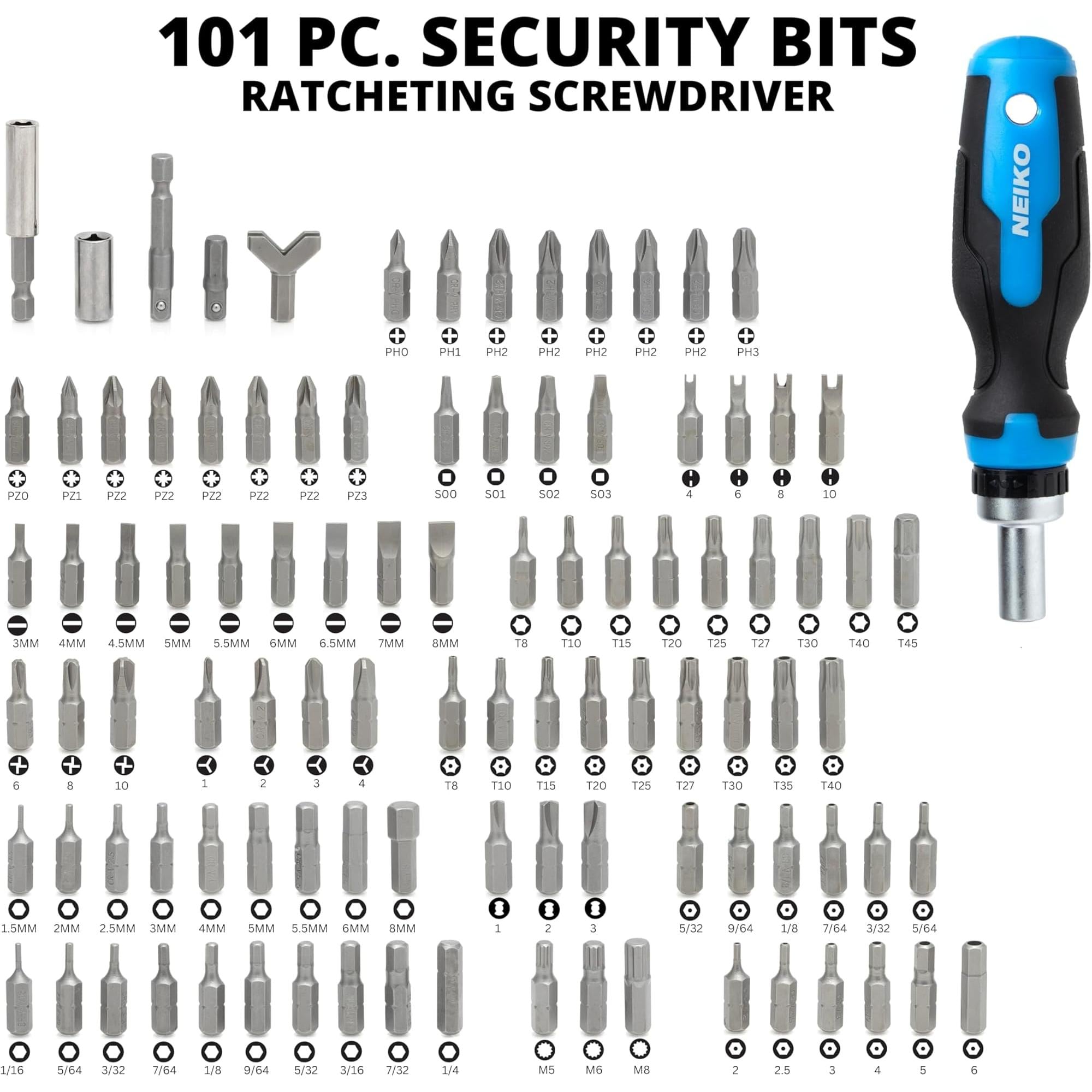 NEIKO Cr-V Steel, Security Bit Set and Ratcheting Screwdriver, 101