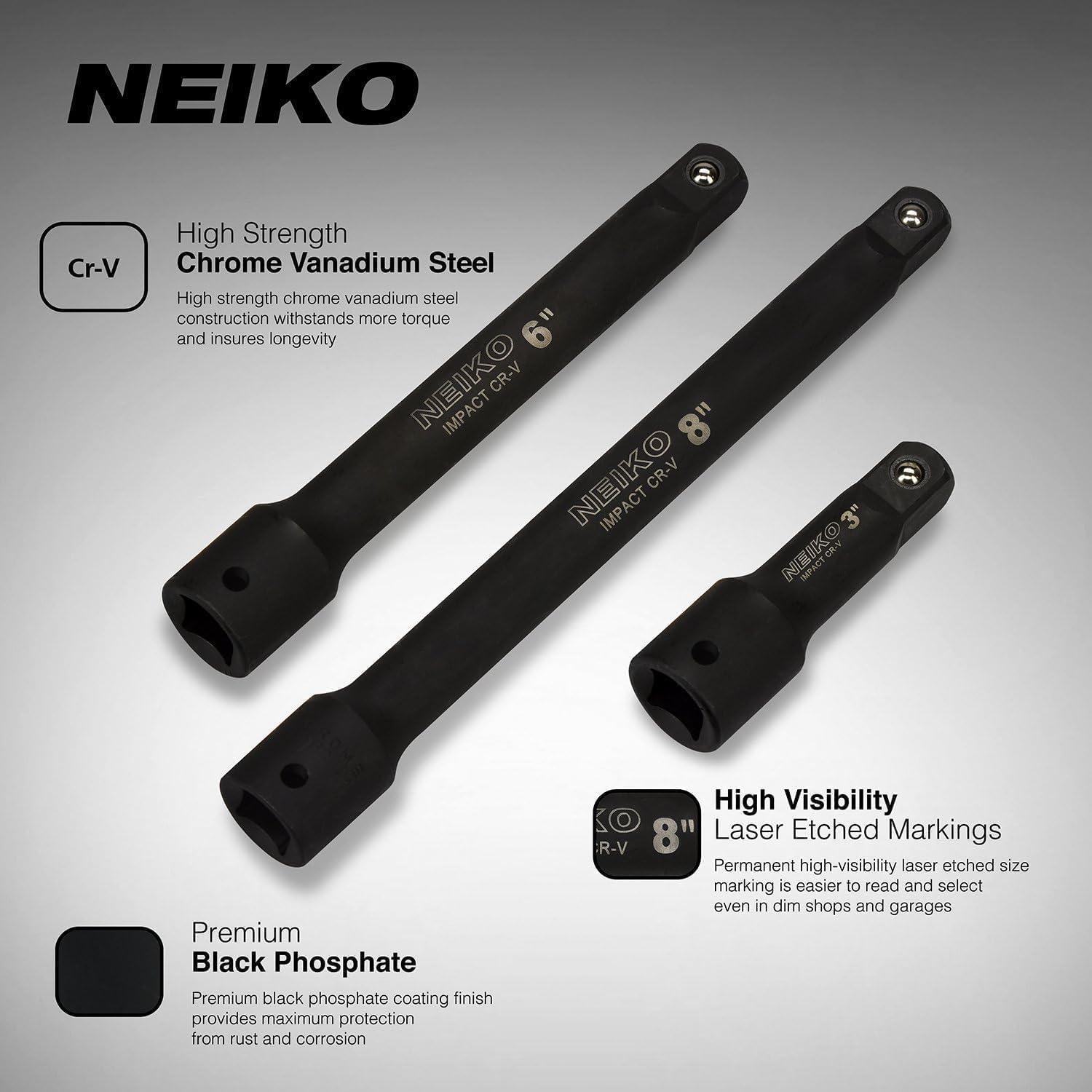 NEIKO 1/2in Drive 3in, 6in, and 8in, CrV Steel, Impact Extension