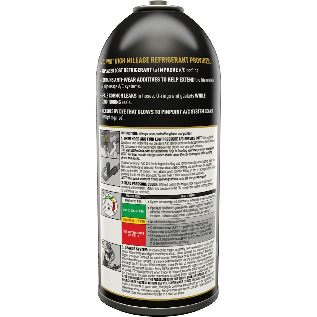 A/C Pro High Mileage R-134a Refrigerant with Stop Leak and UV Dye ...