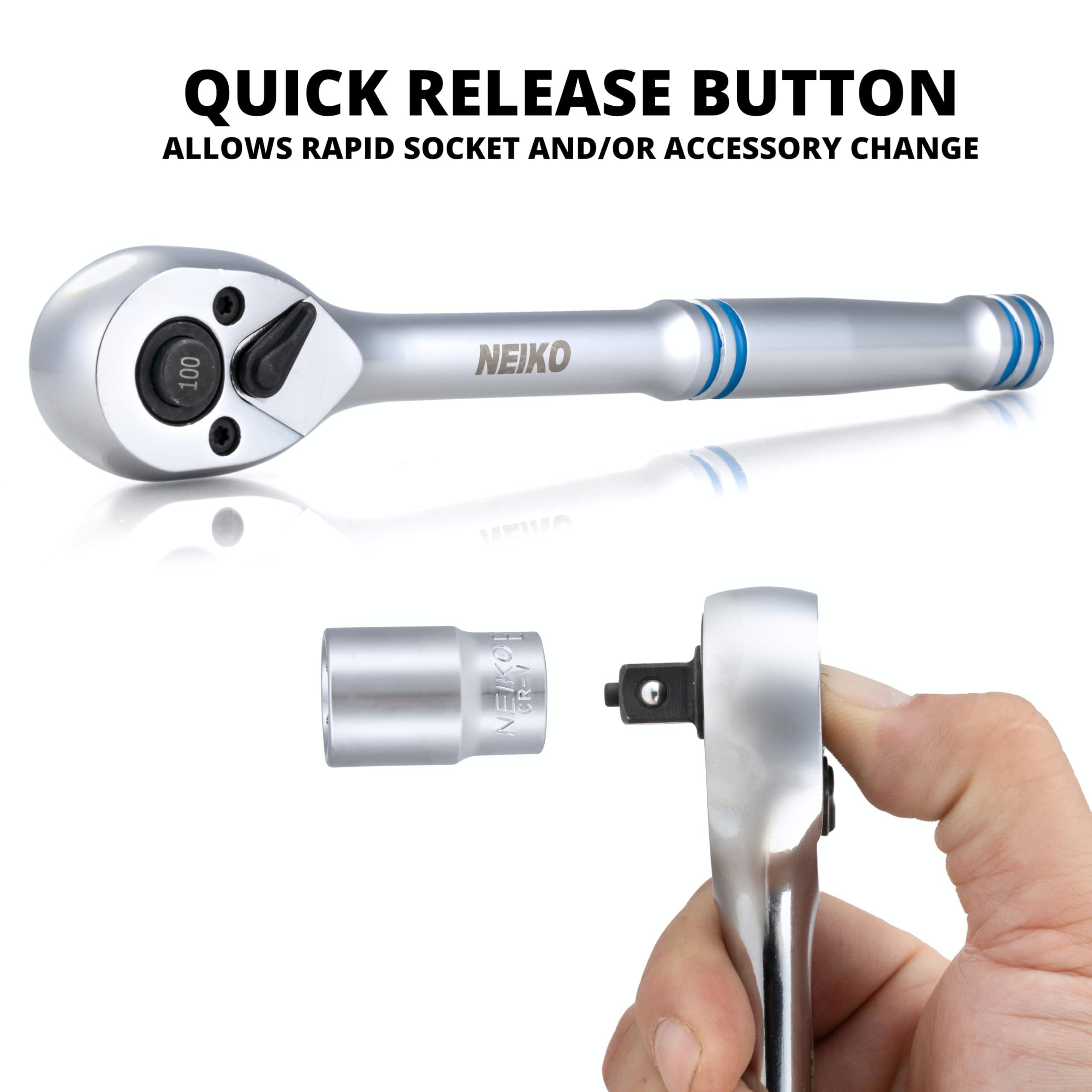 NEIKO 3/8in Ratchet Wrench, 8in CR-V, 100 Tooth Reversible, 3.6